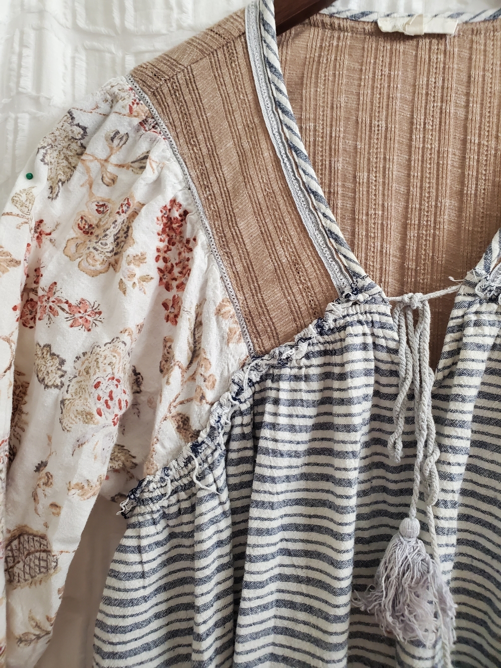 Striped Peasant Tunic with Floral Sleeves in Cream and Tan - Picture 3 of 4